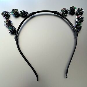 Black Floral Iridescent Sequence Cat Ear Headband